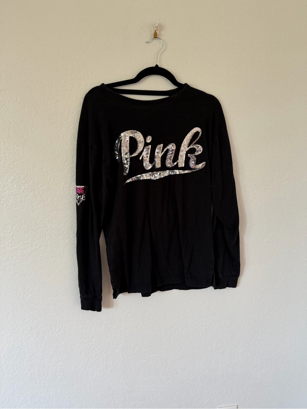 PINK Victoria's Secret Black Long Sleeve Sequin Logo Top